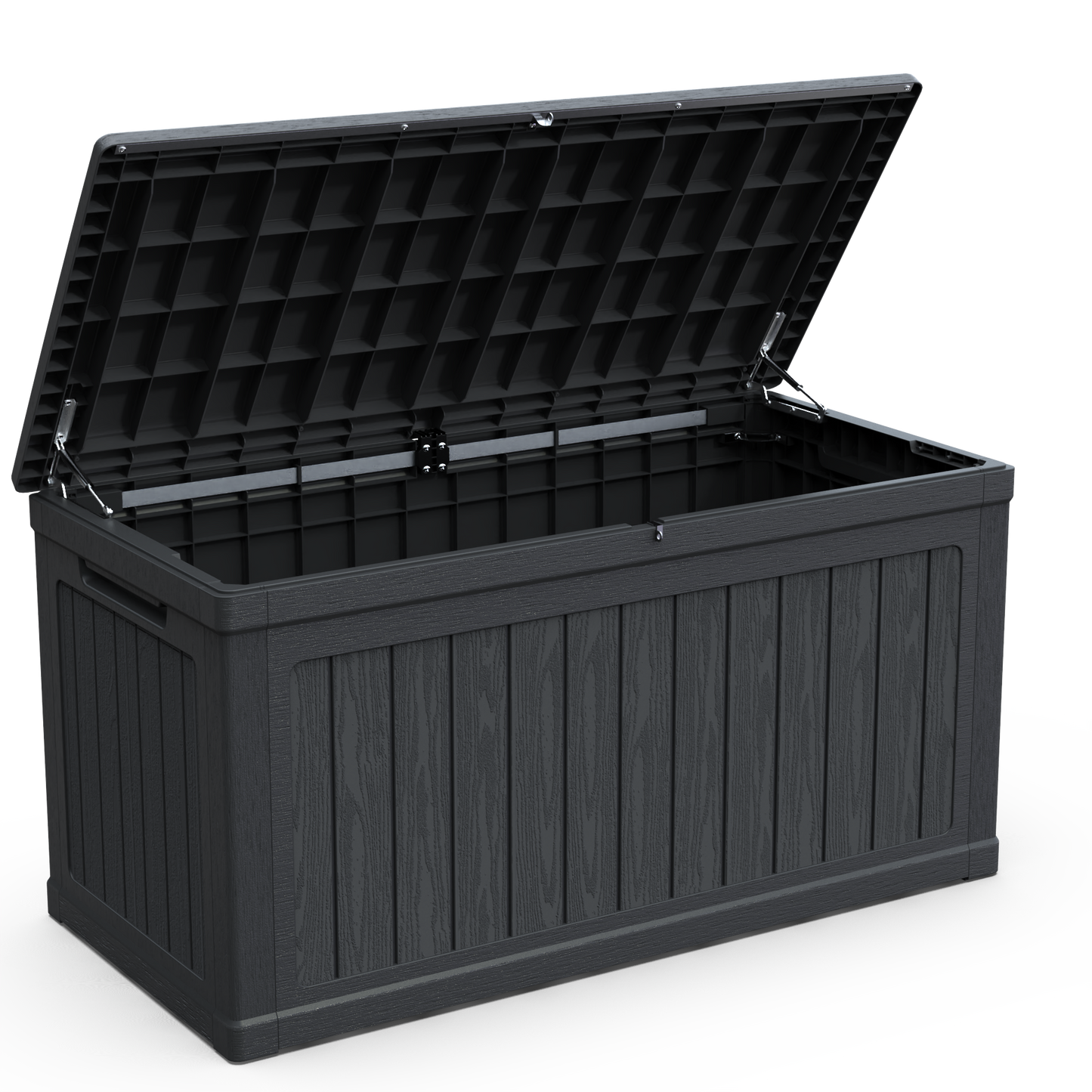 230 Gallon Outdoor Storage XXL Deck Box by HouseOfZazla, black resin with lid hinges on Tampa Home & Garden Store