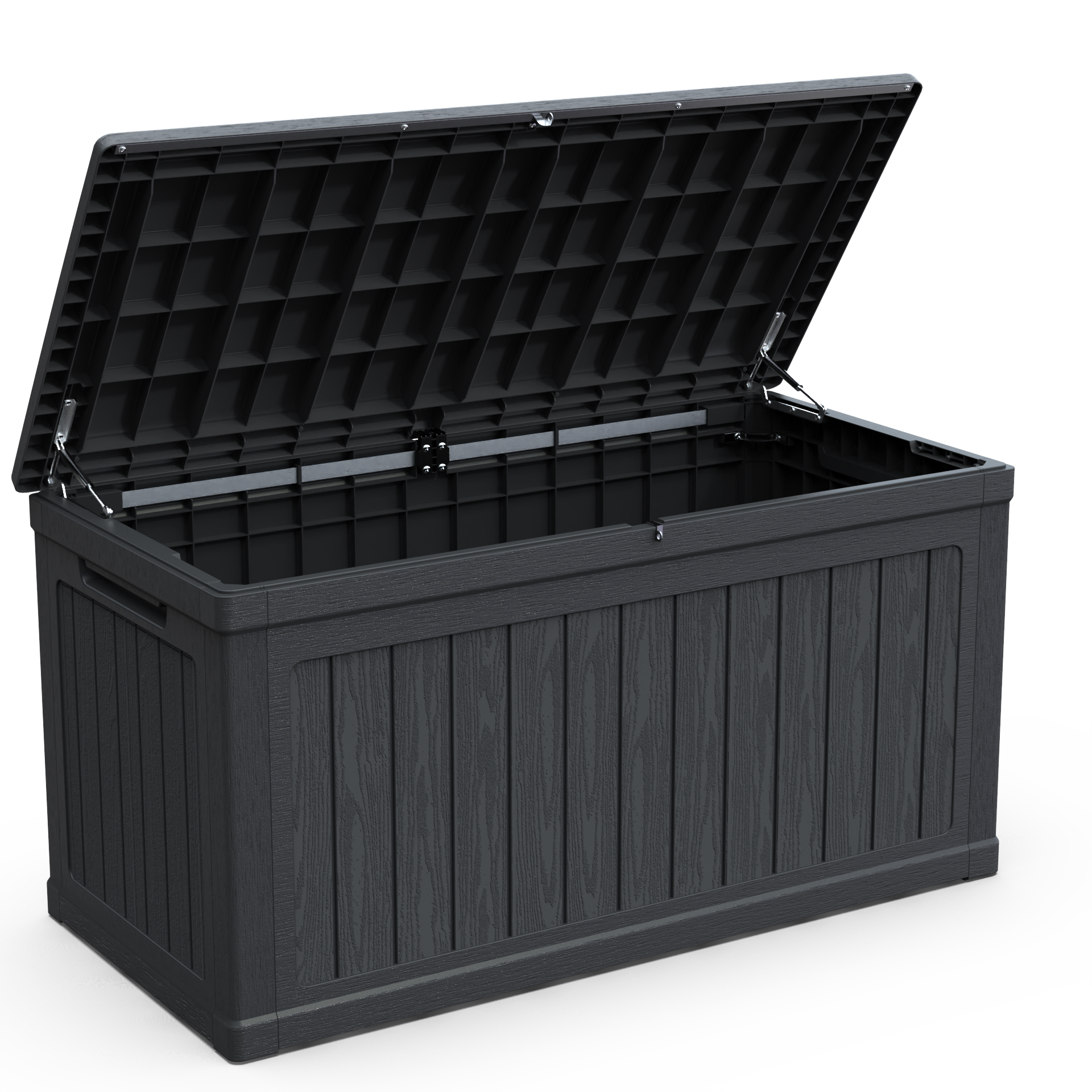 230 Gallon Outdoor Storage XXL Deck Box by HouseOfZazla, black resin with lid hinges on Tampa Home & Garden Store