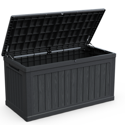 230 Gallon Outdoor Storage XXL Deck Box by HouseOfZazla, black resin with lid hinges on Tampa Home & Garden Store