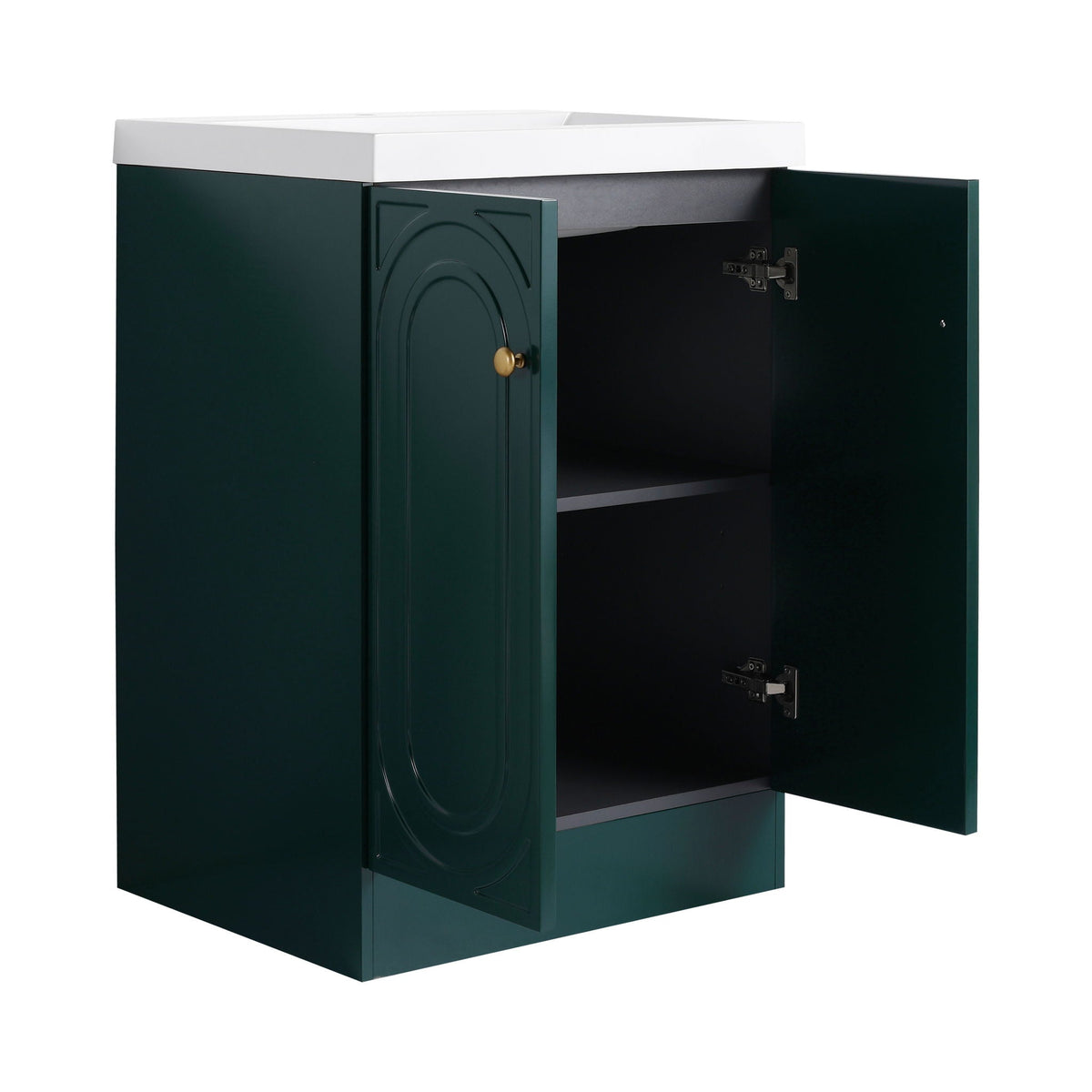 Freestanding bath vanity with resin sink, dark green cabinet doors and brass knob on Tampa Home & Garden Store