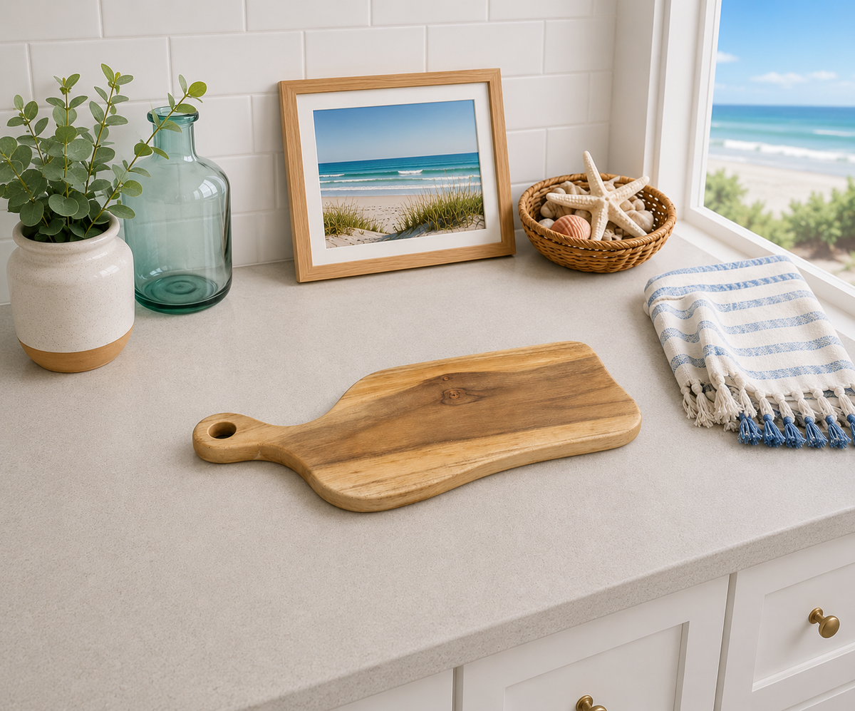 Drift Teak Cutting Board by The Broward Design Center, natural teak wood on kitchen counter on Tampa Home & Garden Store