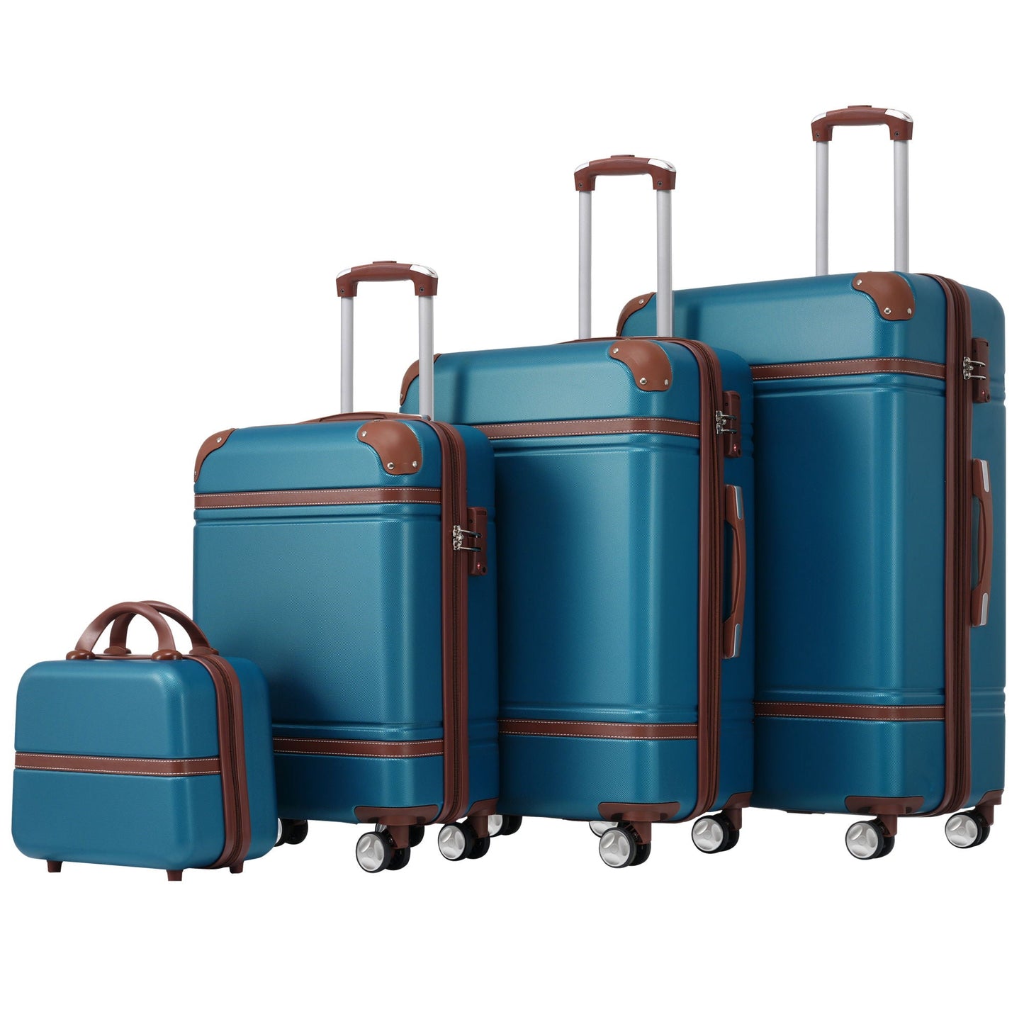 HouseOfZazla blue hardshell 4-piece luggage set 20/24/28in with spinner wheels, brown trim on Tampa Home & Garden Store