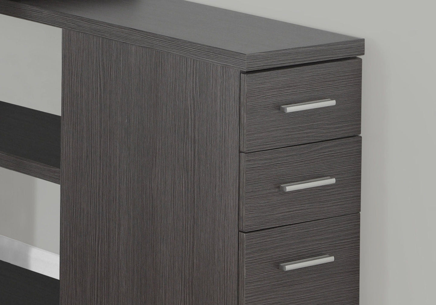 L-Shape Computer Desk with Storage Drawers dark wood grain with silver bar handles corner unit on Tampa Home & Garden Store
