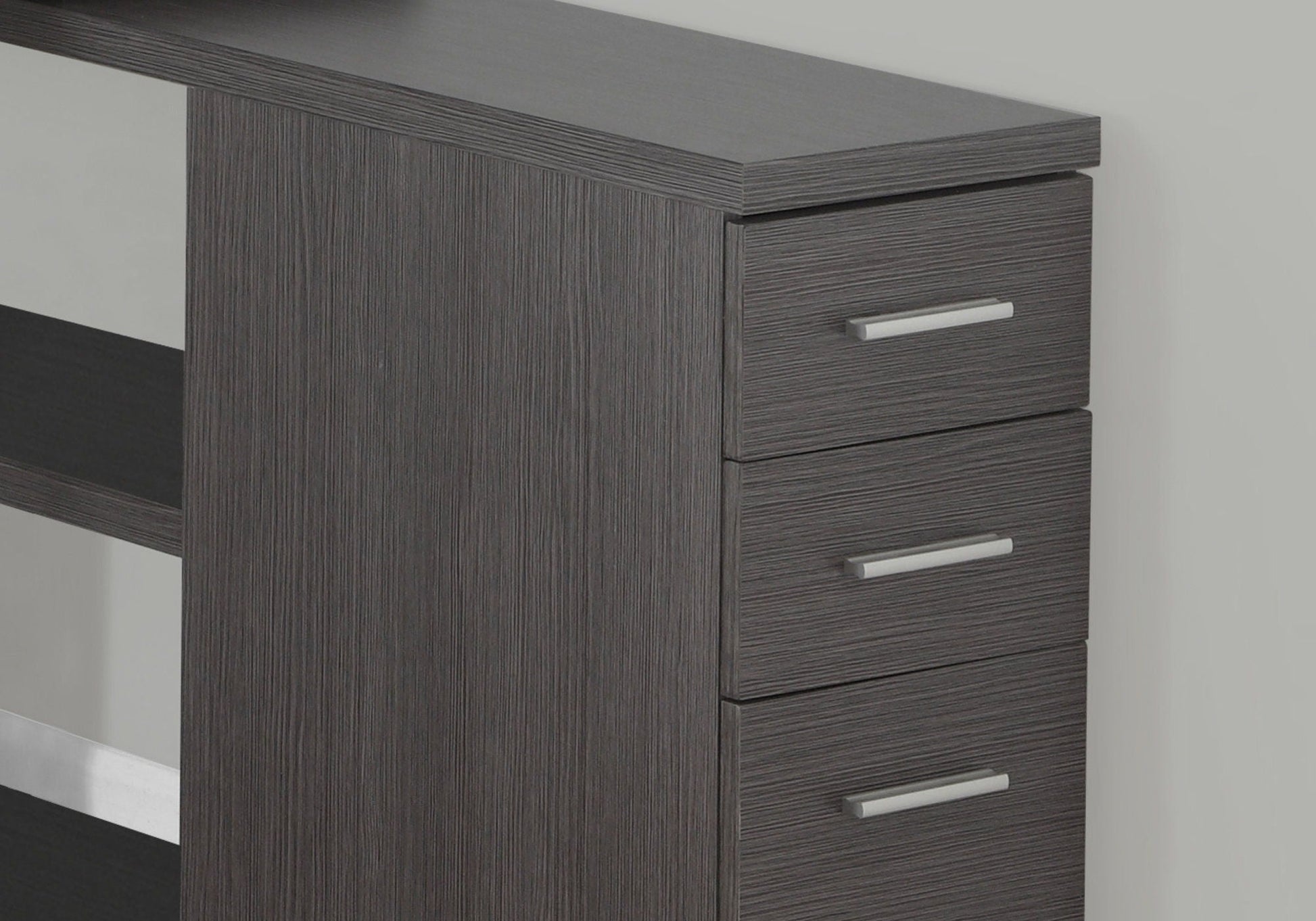 L-Shape Computer Desk with Storage Drawers dark wood grain with silver bar handles corner unit on Tampa Home & Garden Store