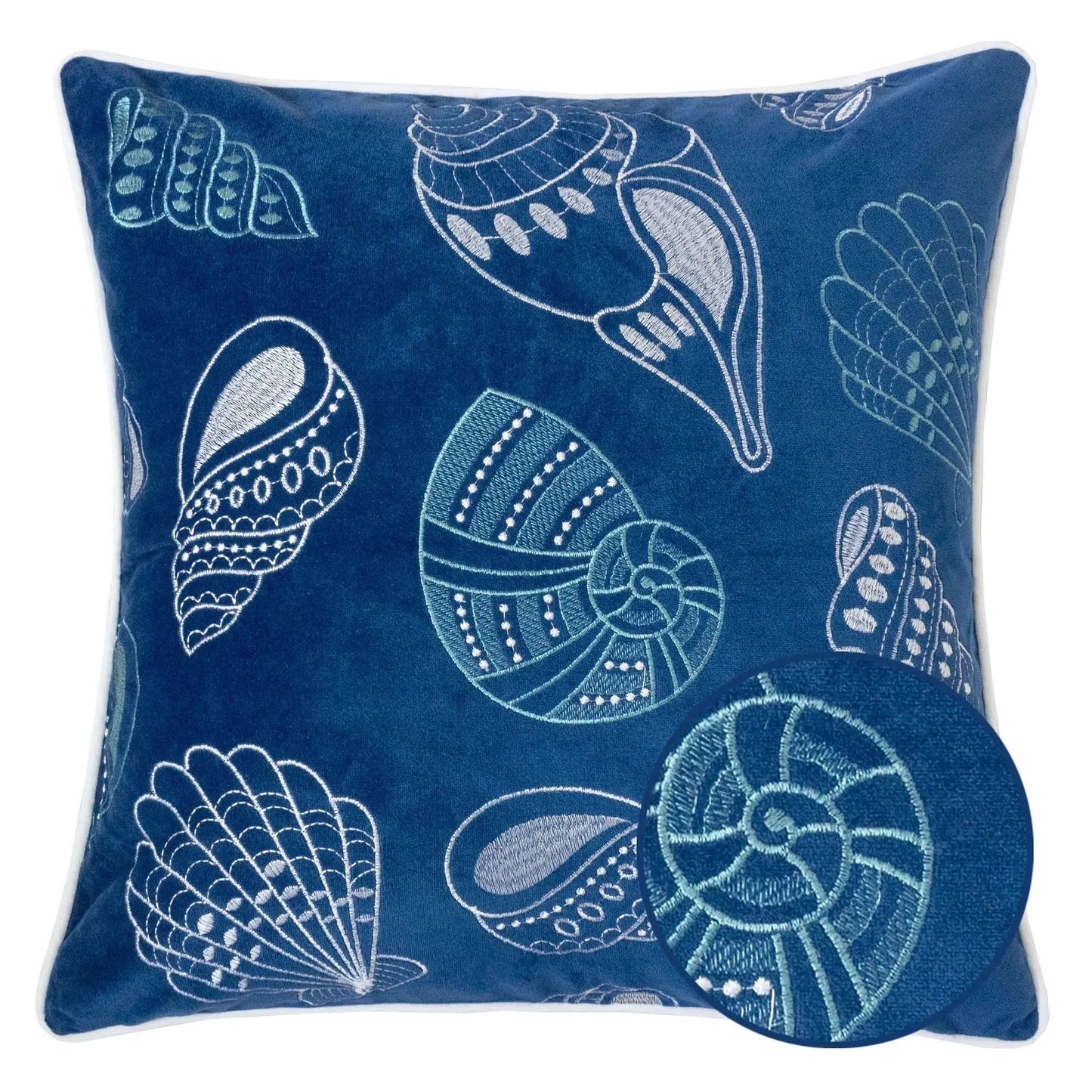 Seashells Pillow Cover navy blue fabric with white embroidered seashell motifs and piping on Tampa Home & Garden Store