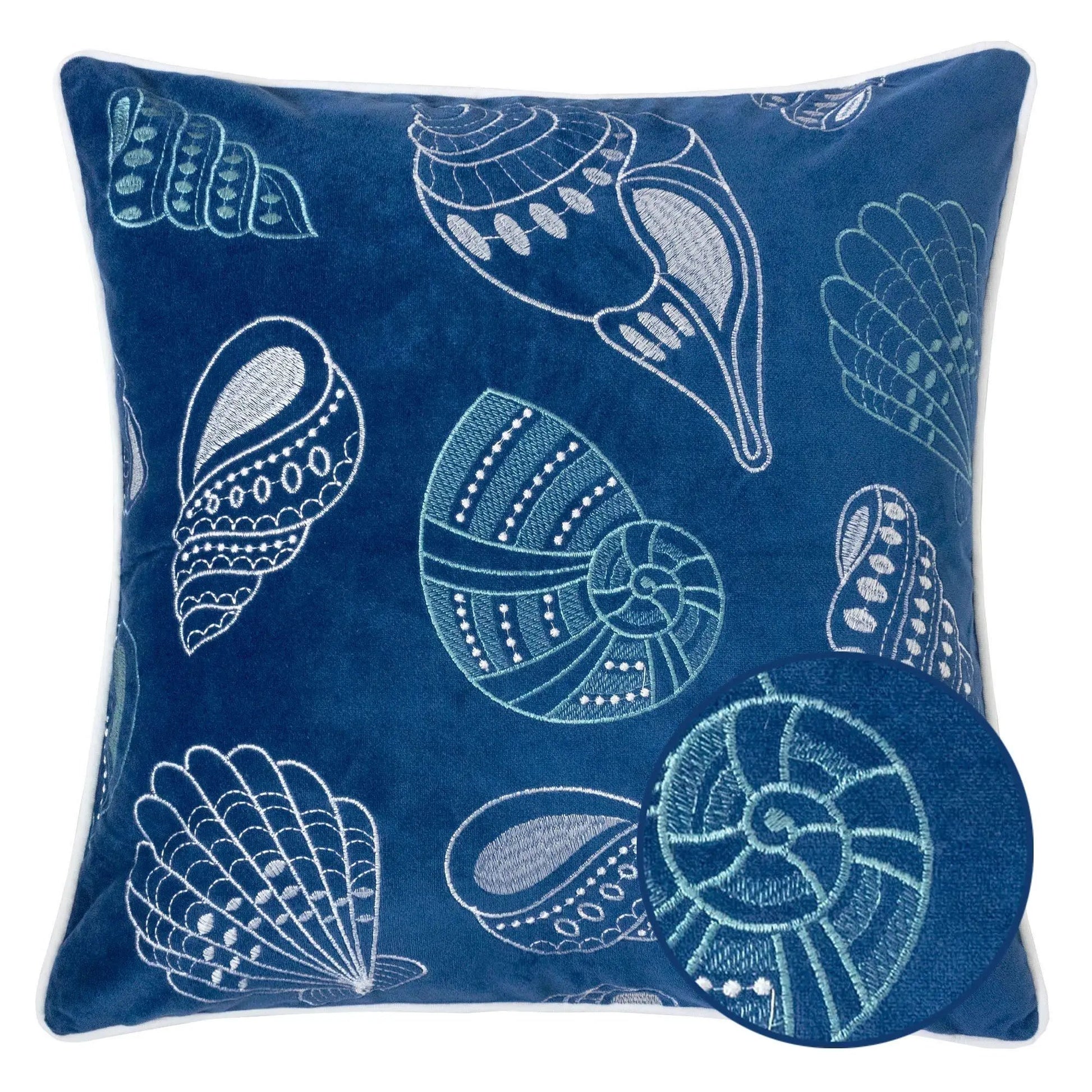 Seashells Pillow Cover navy blue fabric with white embroidered seashell motifs and piping on Tampa Home & Garden Store