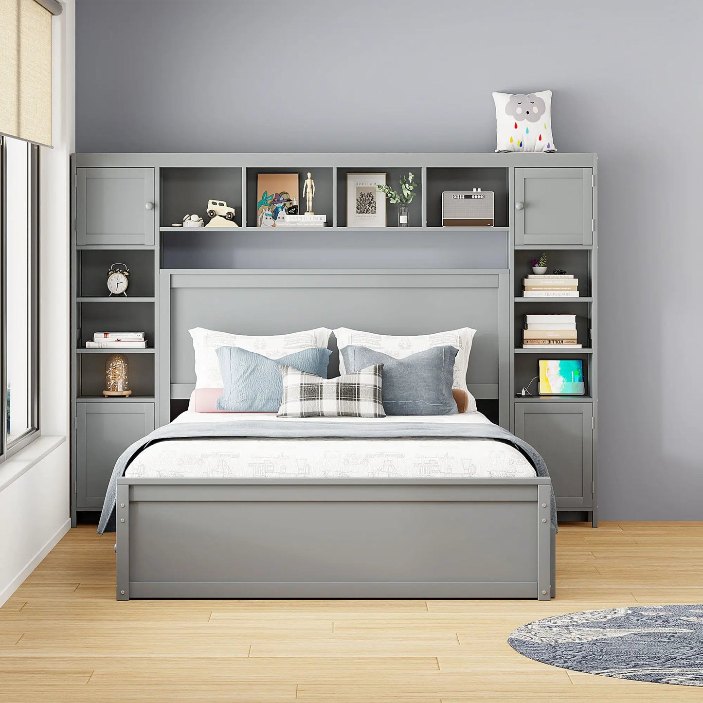 Cabinet bed with built-in shelves and sockets, gray twin long trundle by Unique Piece Furniture on Tampa Home & Garden Store