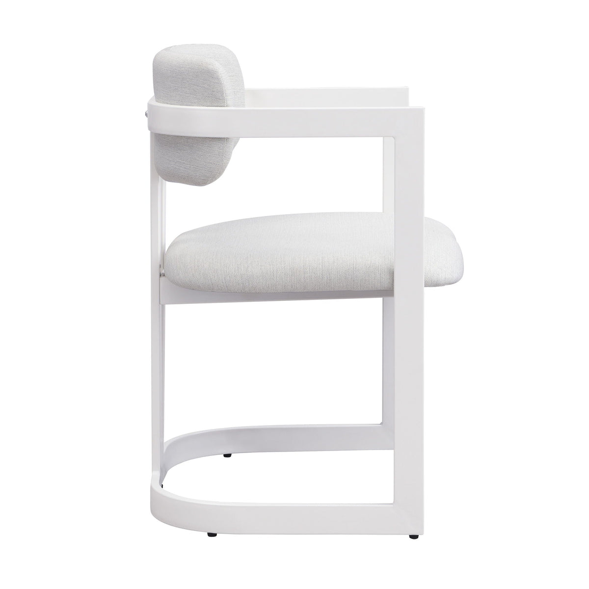 Upholstered dining armchair with light gray fabric cushion and white frame on Tampa Home & Garden Store