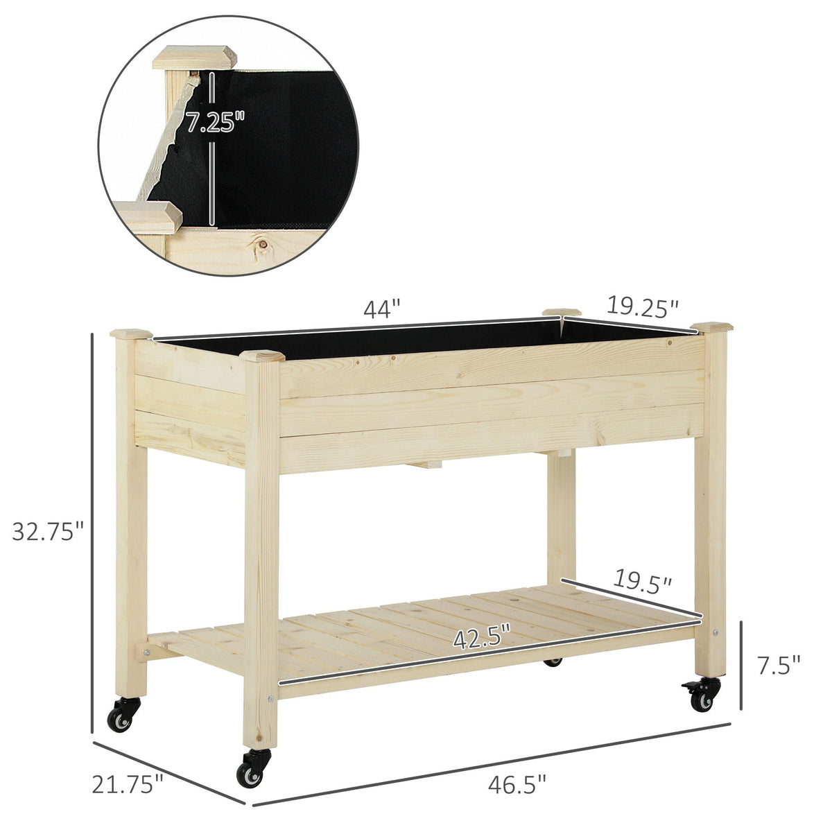 Outsunny raised garden bed planter with lockable wheels, natural wood, 47x22x33, bed liner on Tampa Home & Garden Store