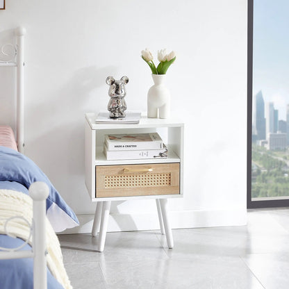 White rattan end table with drawer and solid wood legs, nightstand with vase and bear on Tampa Home & Garden Store