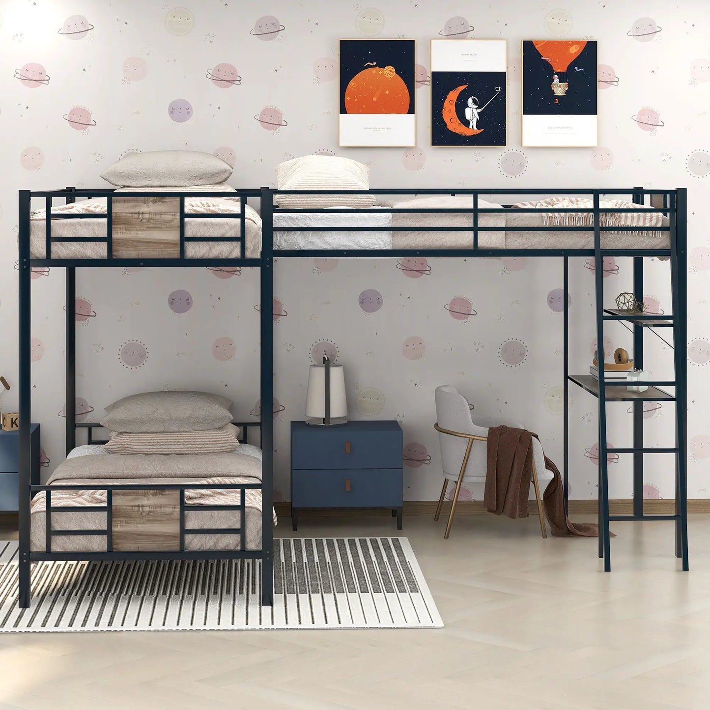 L-shaped twin-over-twin bunk bed with desk and shelf, dark metal frame and beige bedding on Tampa Home & Garden Store