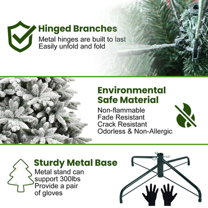 7ft flocked Christmas tree with 1514 tips, hinged branches, frosted needles, sturdy metal base on Tampa Home & Garden Store
