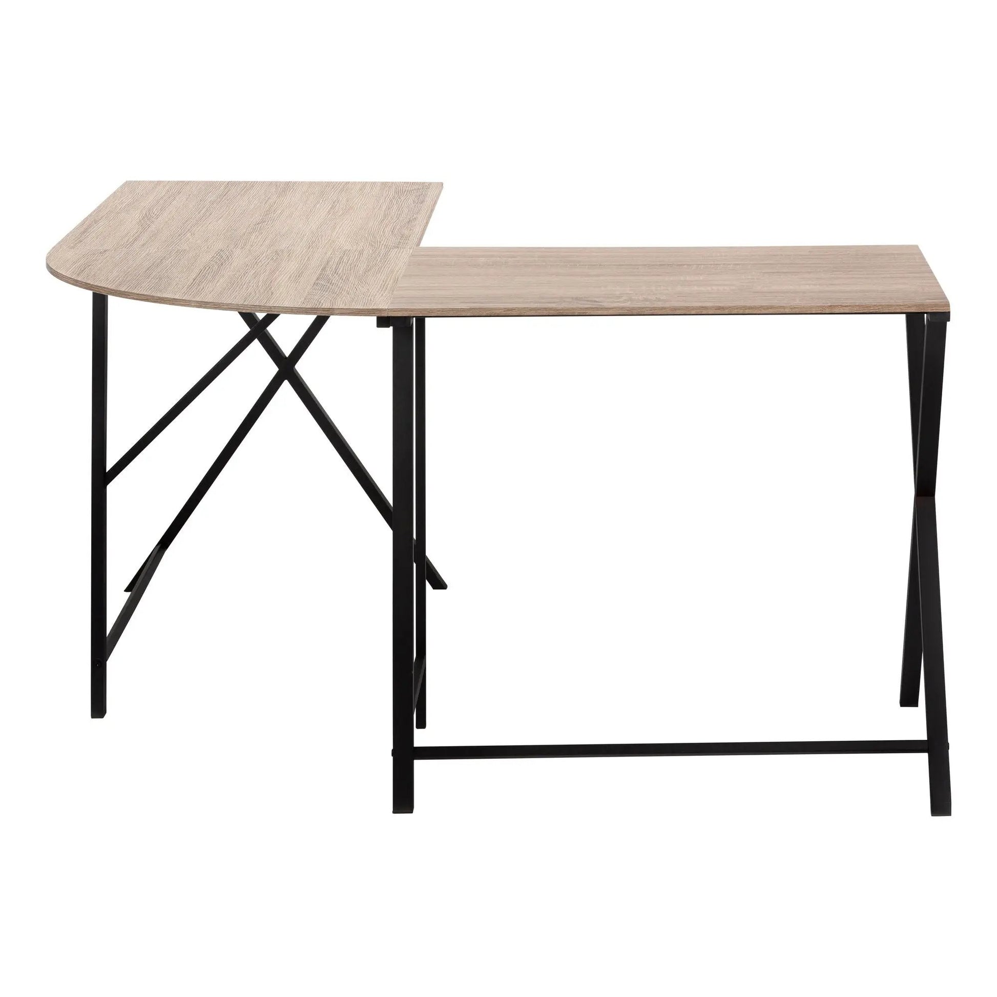 L-shaped computer desk in light oak veneer with black metal legs and cross braces, corner desk on Tampa Home & Garden Store
