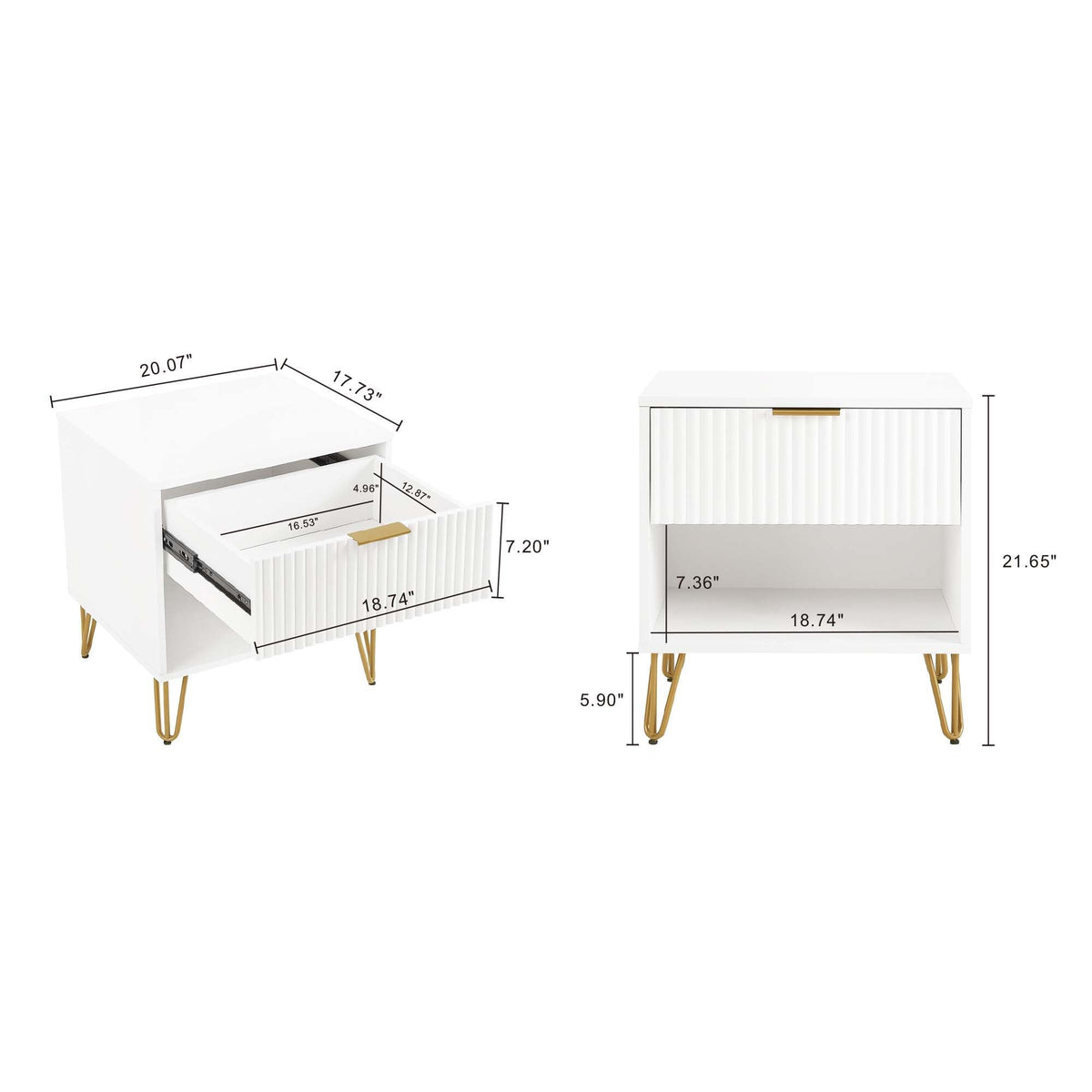 Modern nightstand with fluted drawer and gold handles, white finish and gold legs HouseOfZazla on Tampa Home & Garden Store