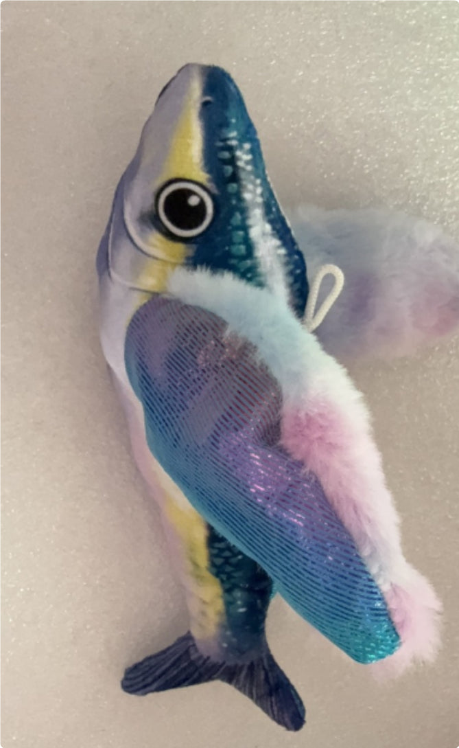 Pet plush toy electric jumping fish with winged fins and fluffy pastel trim on Tampa Home & Garden Store