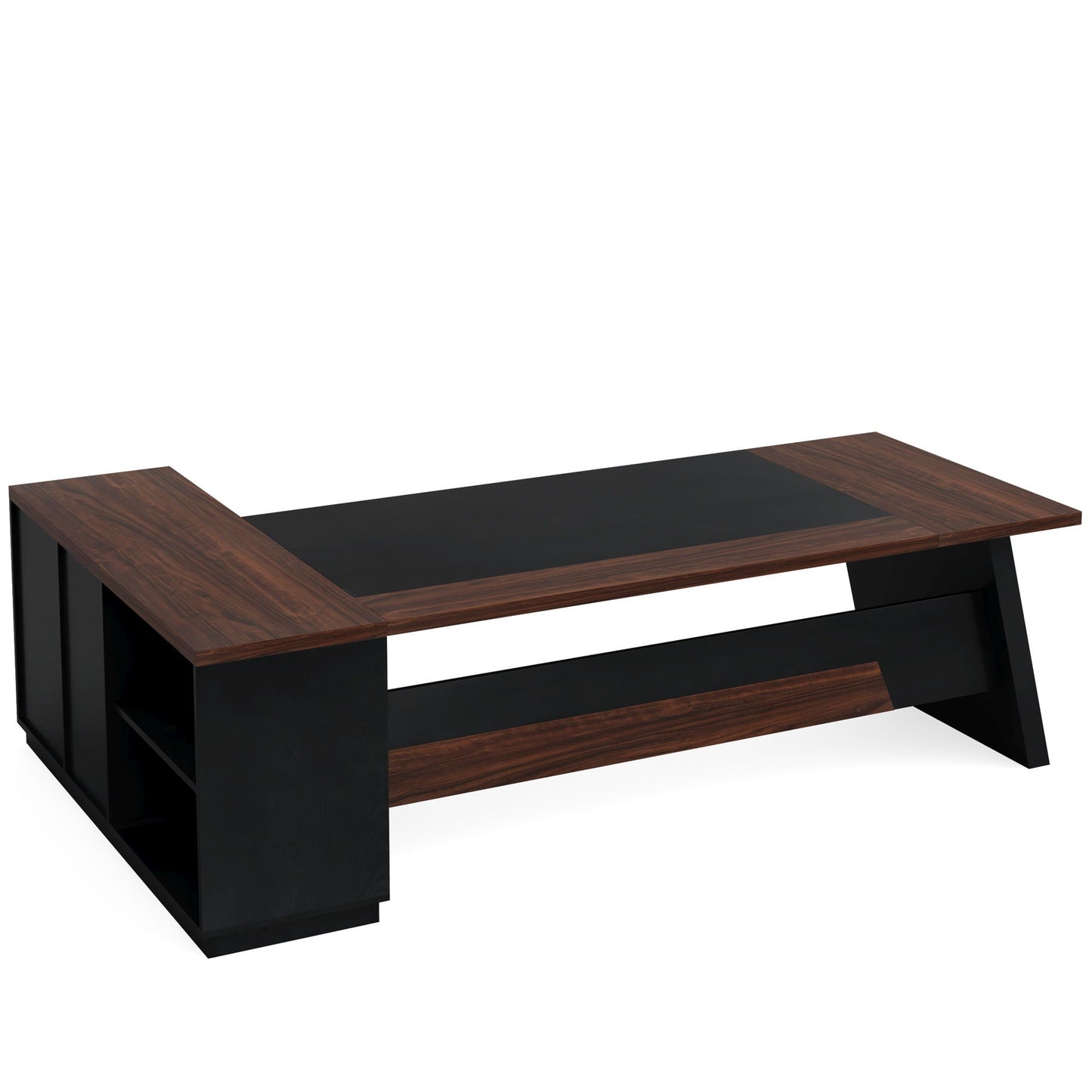 L-Shaped Executive Desk by HouseOfZazla, black frame with walnut wood top on Tampa Home & Garden Store