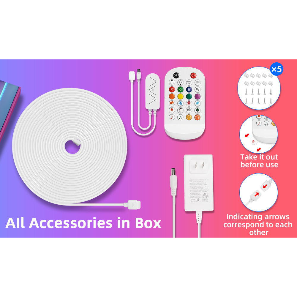 SLNR04 Dotless COB Smart Bluetooth RGB Neon LED Strip Light DC24V 2.2W/ft IP65 Outdoor Rated Dimmable Low Voltage Silicone Rope Light with Mounting Clips and Screws