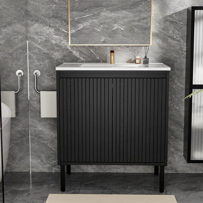 Bathroom vanity with ceramic sink, black cabinet with vertical panels and white countertop on Tampa Home & Garden Store