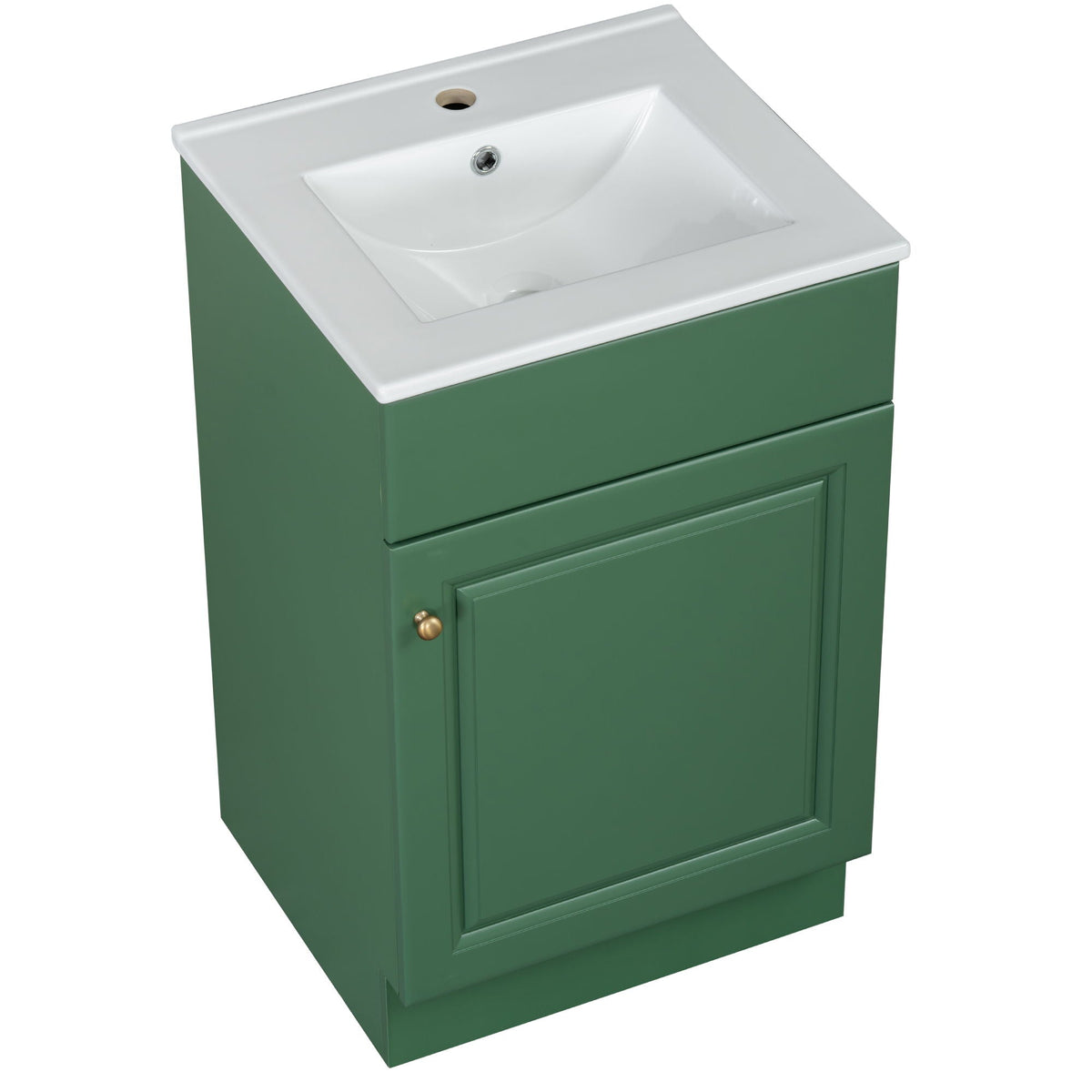 Bathroom vanity with white sink top on a green cabinet, brass knob door, HouseOfZazla on Tampa Home & Garden Store