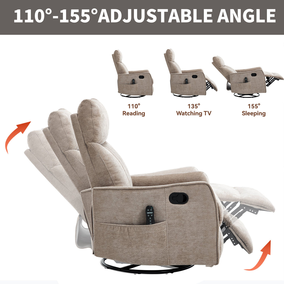 Khaki Heat Massage Recliner Chair and Swivel