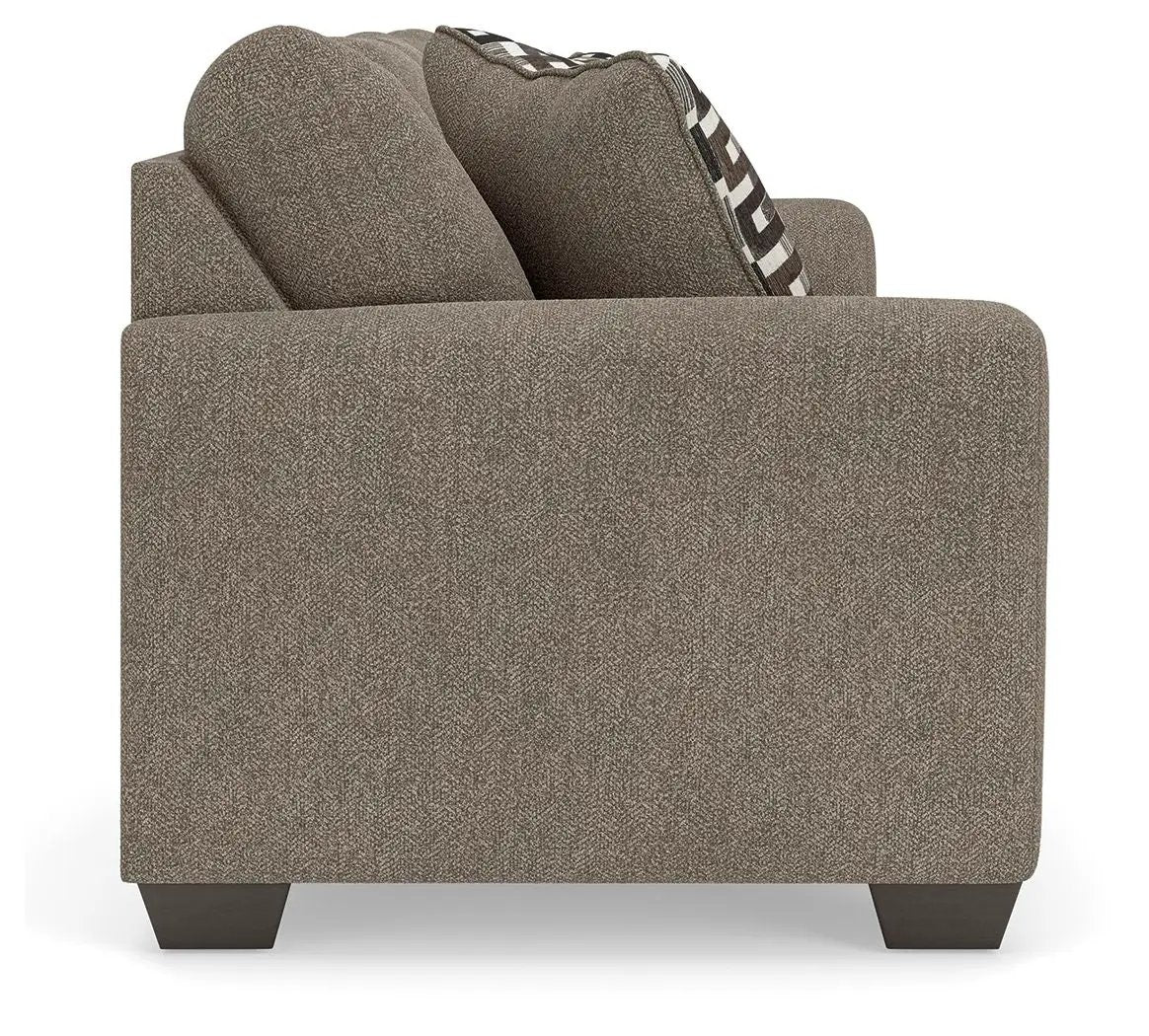 Triston-Peaks suede sofa stationary with textured brown upholstery and two back cushions on Tampa Home & Garden Store