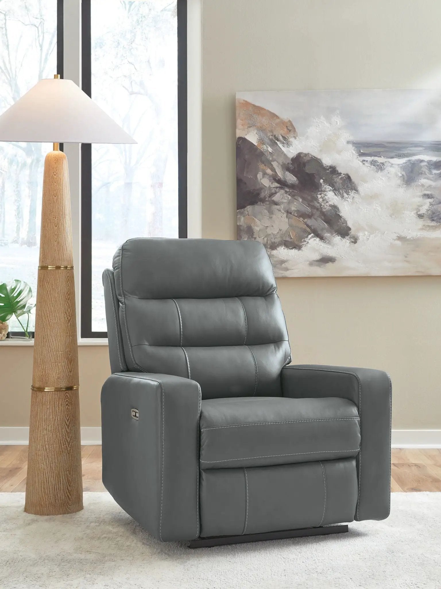 Pennacle Pier power recliner by Unique Piece Furniture in gray leather with adjustable headrest on Tampa Home & Garden Store