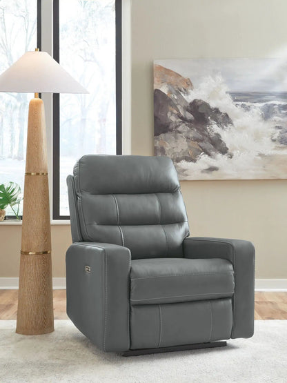 Pennacle Pier power recliner by Unique Piece Furniture in gray leather with adjustable headrest on Tampa Home & Garden Store