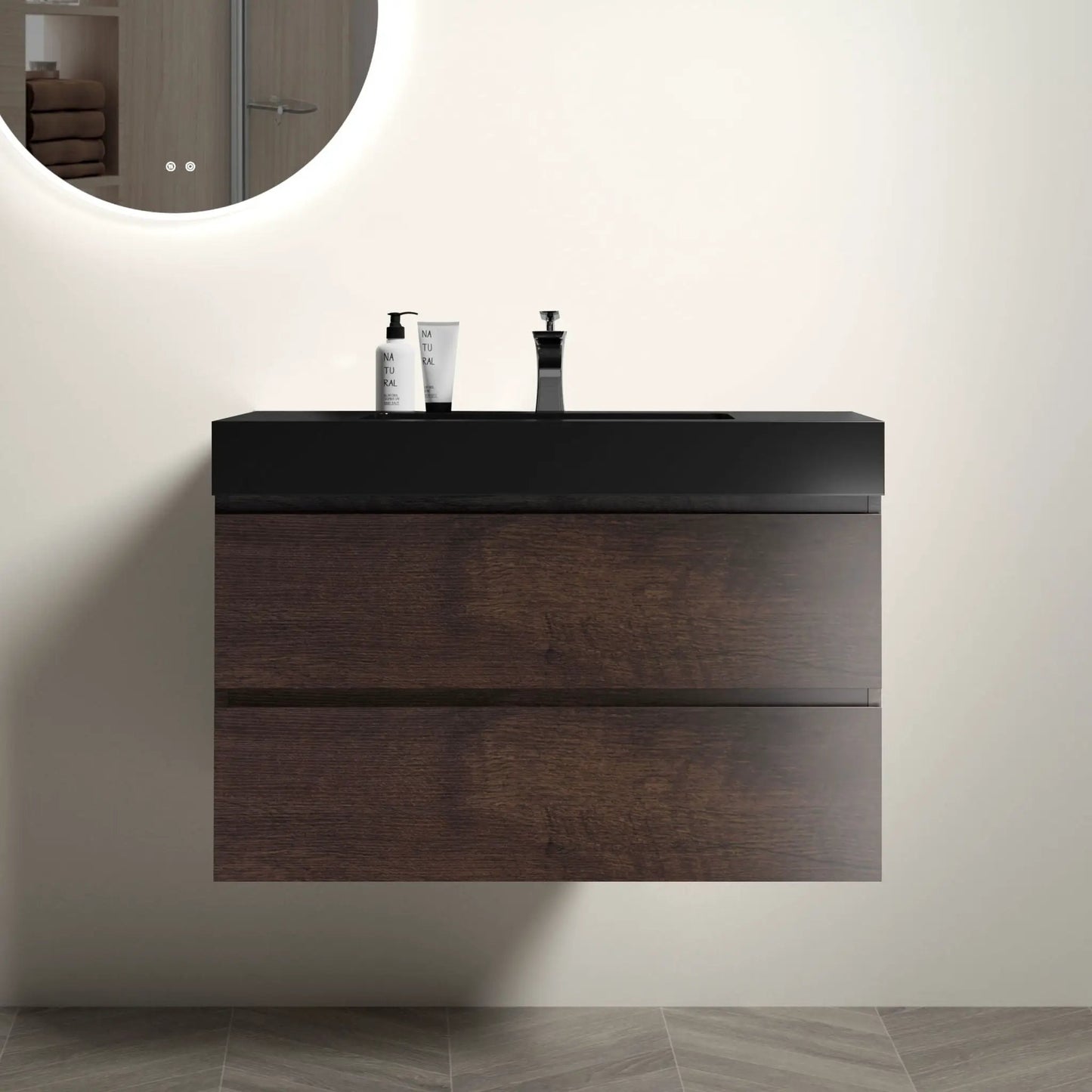 Alice wall-mounted bathroom vanity with sink in dark wood, floating storage, modern design on Tampa Home & Garden Store