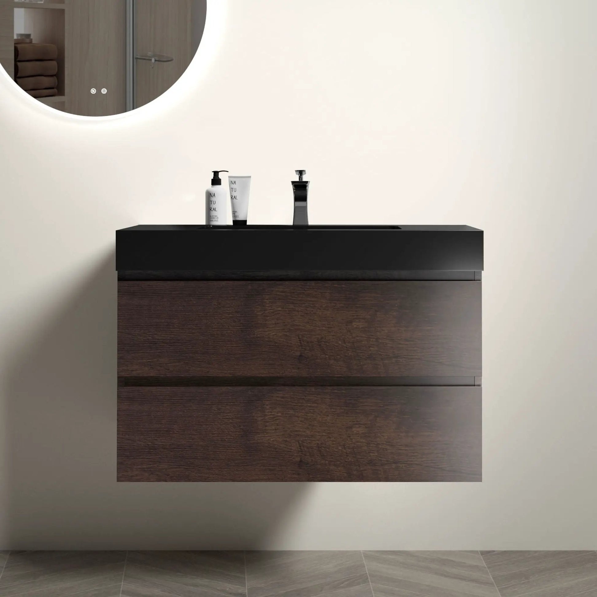 Alice wall-mounted bathroom vanity with sink in dark wood, floating storage, modern design on Tampa Home & Garden Store