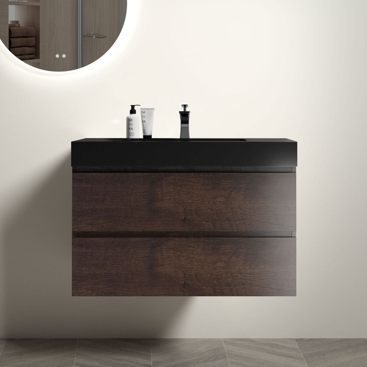 Alice wall-mounted vanity with integrated sink, black finish, countertop, dark wood base on Tampa Home & Garden Store