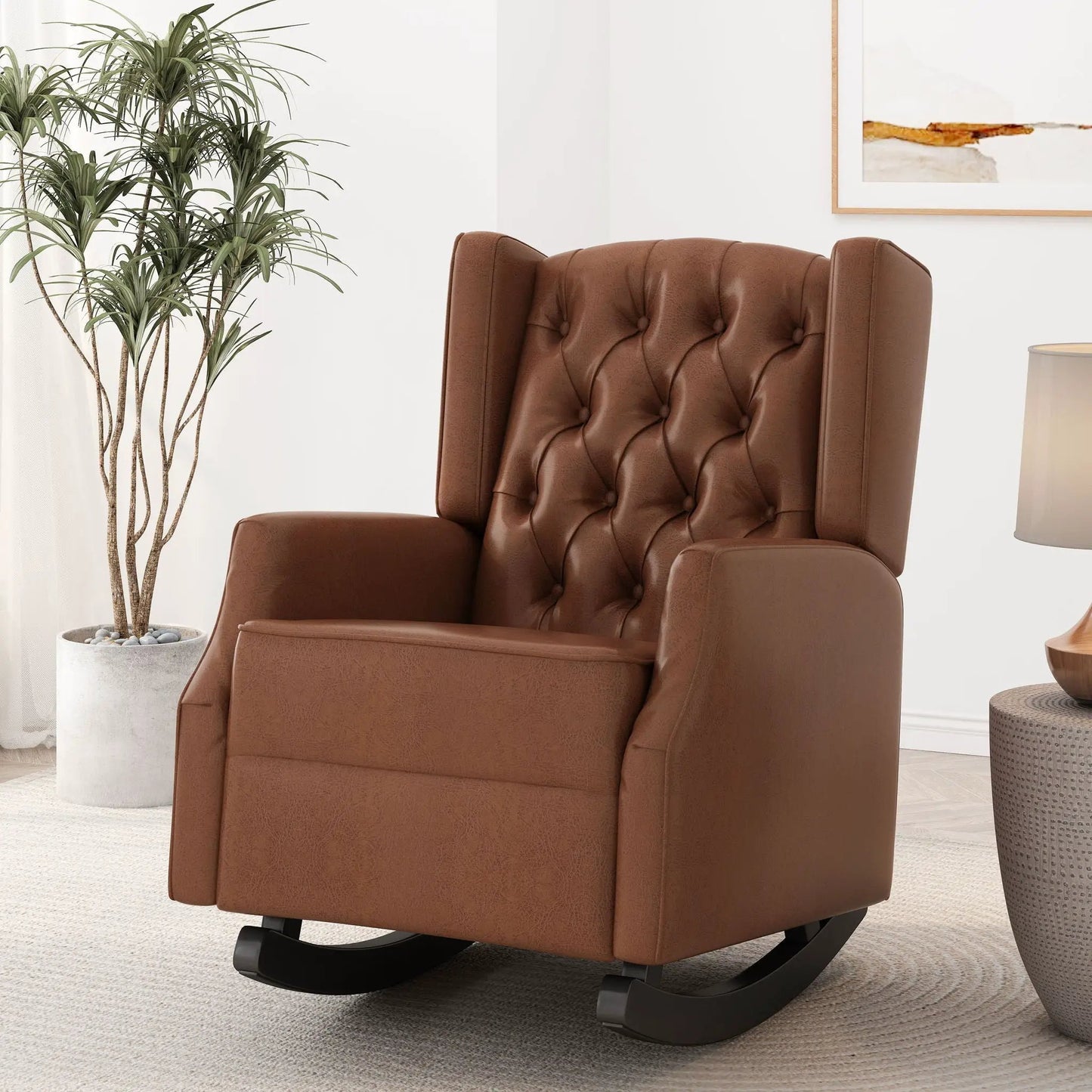 Moss Upholstered Rocking Recliner with diamond tufting and wingback in light brown on Tampa Home & Garden Store