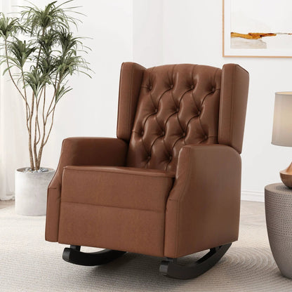 Moss Upholstered Rocking Recliner with diamond tufting and wingback in light brown on Tampa Home & Garden Store