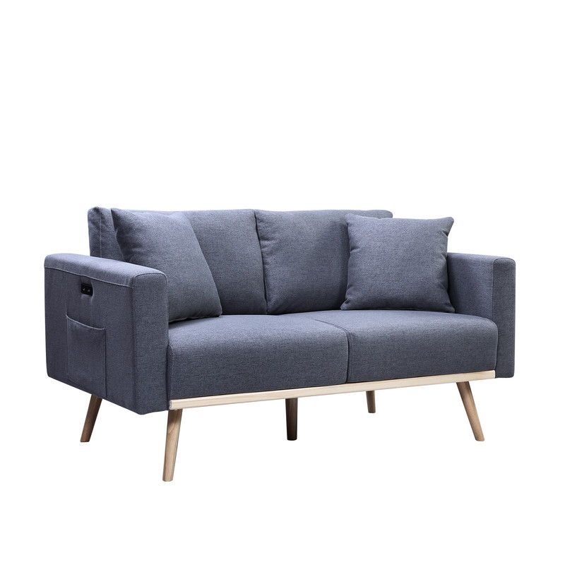 Easton fabric loveseat with USB ports and pocket, bluegray upholstery, pillows, wooden legs on Tampa Home & Garden Store