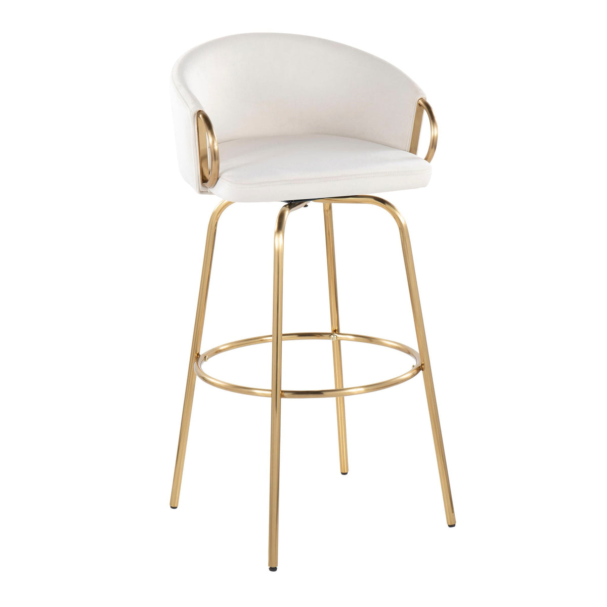 Claire Contemporary fixed bar stool set with white upholstery round footrest and gold frame on Tampa Home & Garden Store