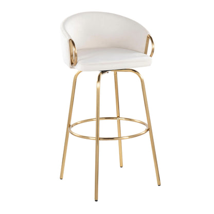 Claire Contemporary fixed bar stool set with white upholstery round footrest and gold frame on Tampa Home & Garden Store