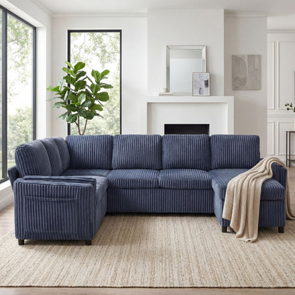 Convertible U-Shaped Sectional Sofa Bed with USB Ports and Storage, navy blue corduroy upholstery on Tampa Home & Garden Store