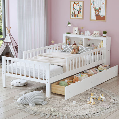 Bed With Headboard Storage Rack white bed with 2 under-bed drawers and 3 side guardrails on Tampa Home & Garden Store