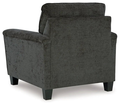 Erinslane stationary chair in dark gray textured fabric with square black legs on Tampa Home & Garden Store