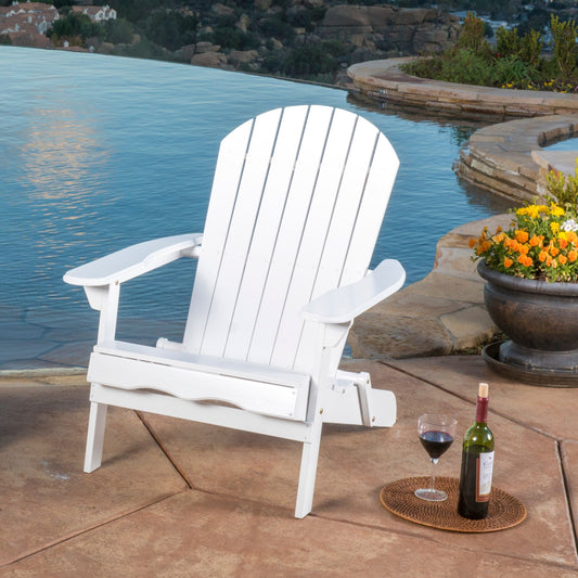 Malibu Adirondack Chair by HouseOfZazla, foldable acacia wood design, white finish poolside on Tampa Home & Garden Store