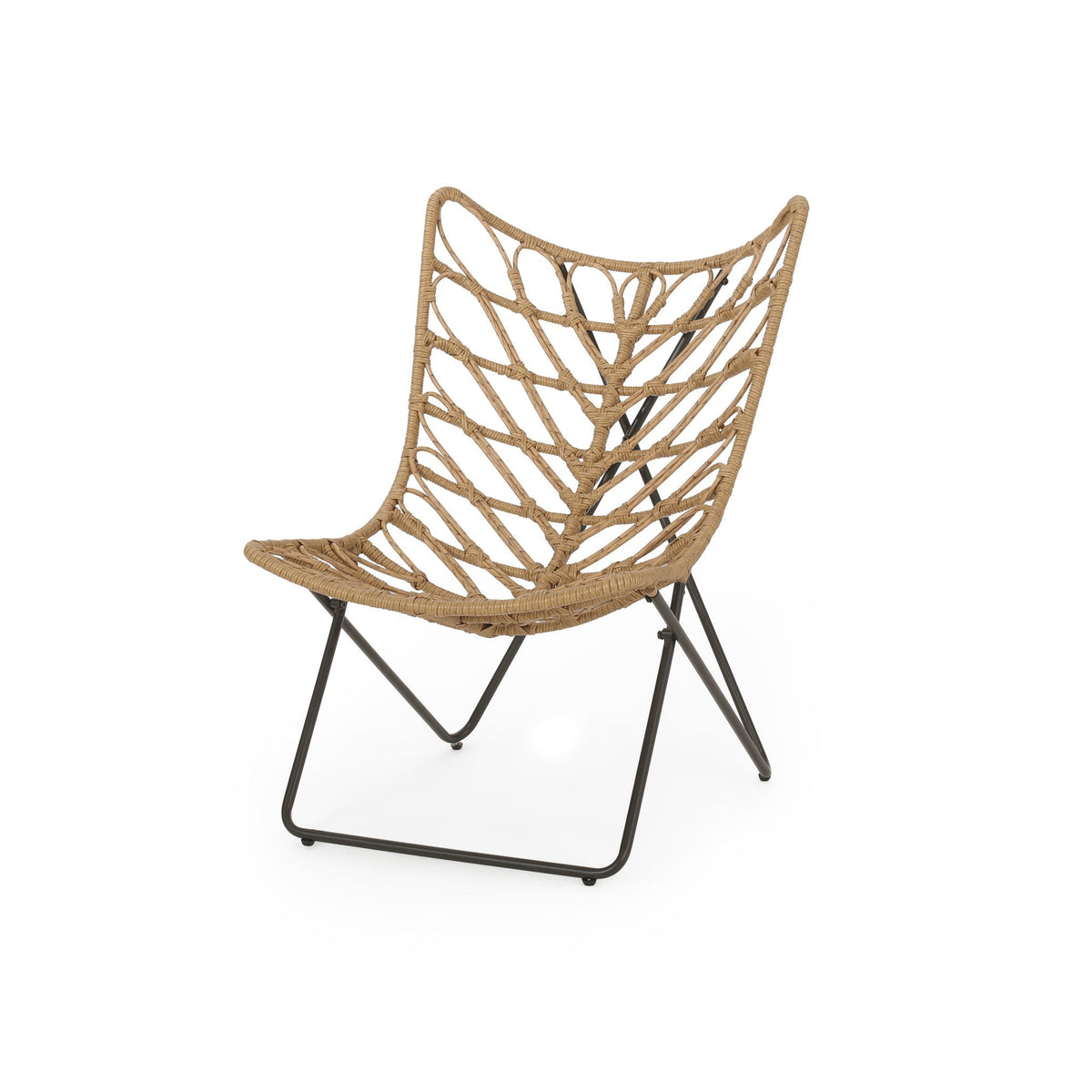 Bryson light brown outdoor chair with geometric woven rattan back and black metal legs on Tampa Home & Garden Store