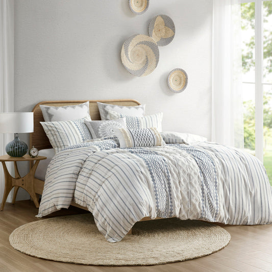 King/Cal King cotton duvet cover set with chenille aztec pattern by HouseOfZazla blue-gray on Tampa Home & Garden Store