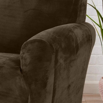 Velvet stretch slipcover on dark brown sofa arm, Gale Collection by Great Bay Home on Tampa Home & Garden Store