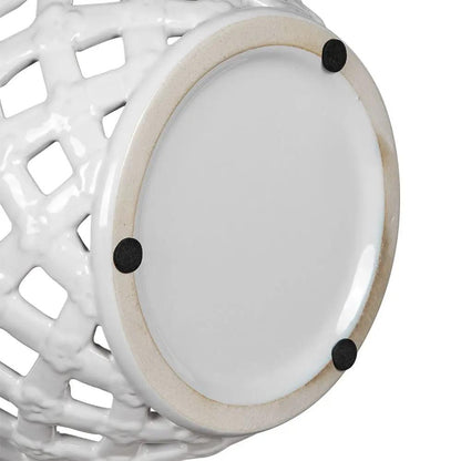Ceramic lidded jar with white lattice design by Unique Piece Furniture on Tampa Home & Garden Store