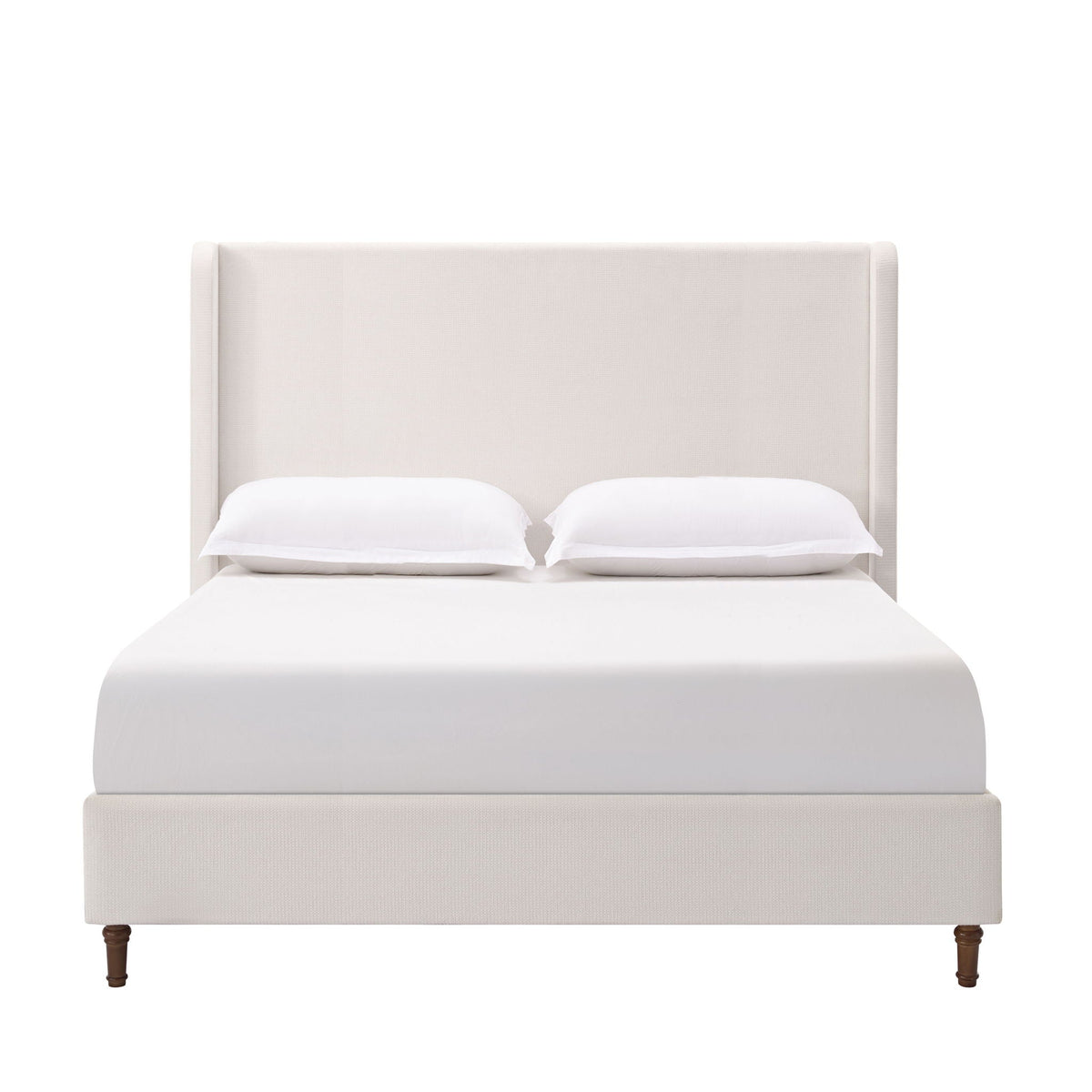 Harper tall upholstered bed with high beige headboard and wooden legs no box spring needed on Tampa Home & Garden Store