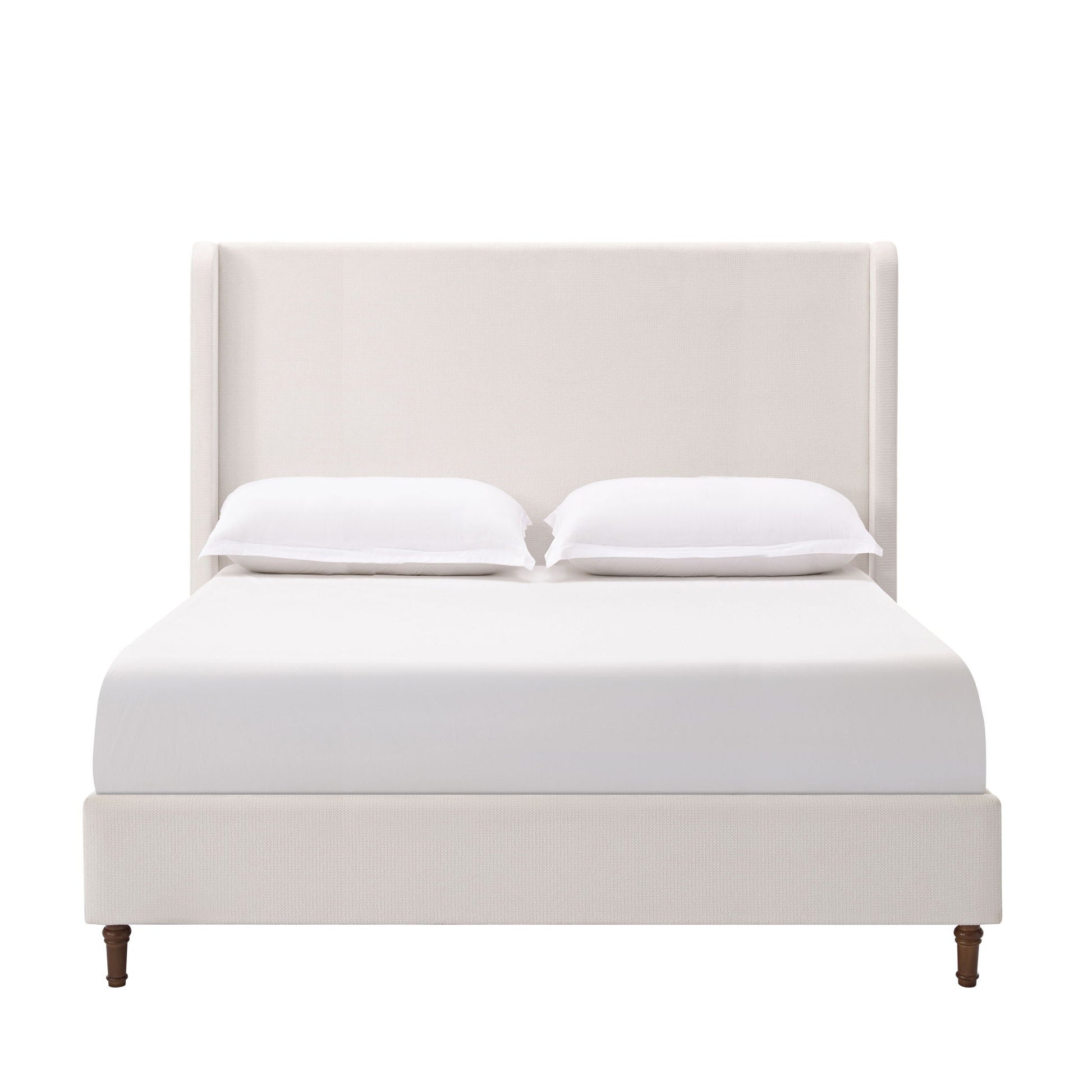 Harper tall upholstered bed with high beige headboard and wooden legs no box spring needed on Tampa Home & Garden Store