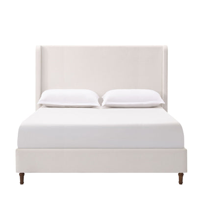 Harper tall upholstered bed with high beige headboard and wooden legs no box spring needed on Tampa Home & Garden Store