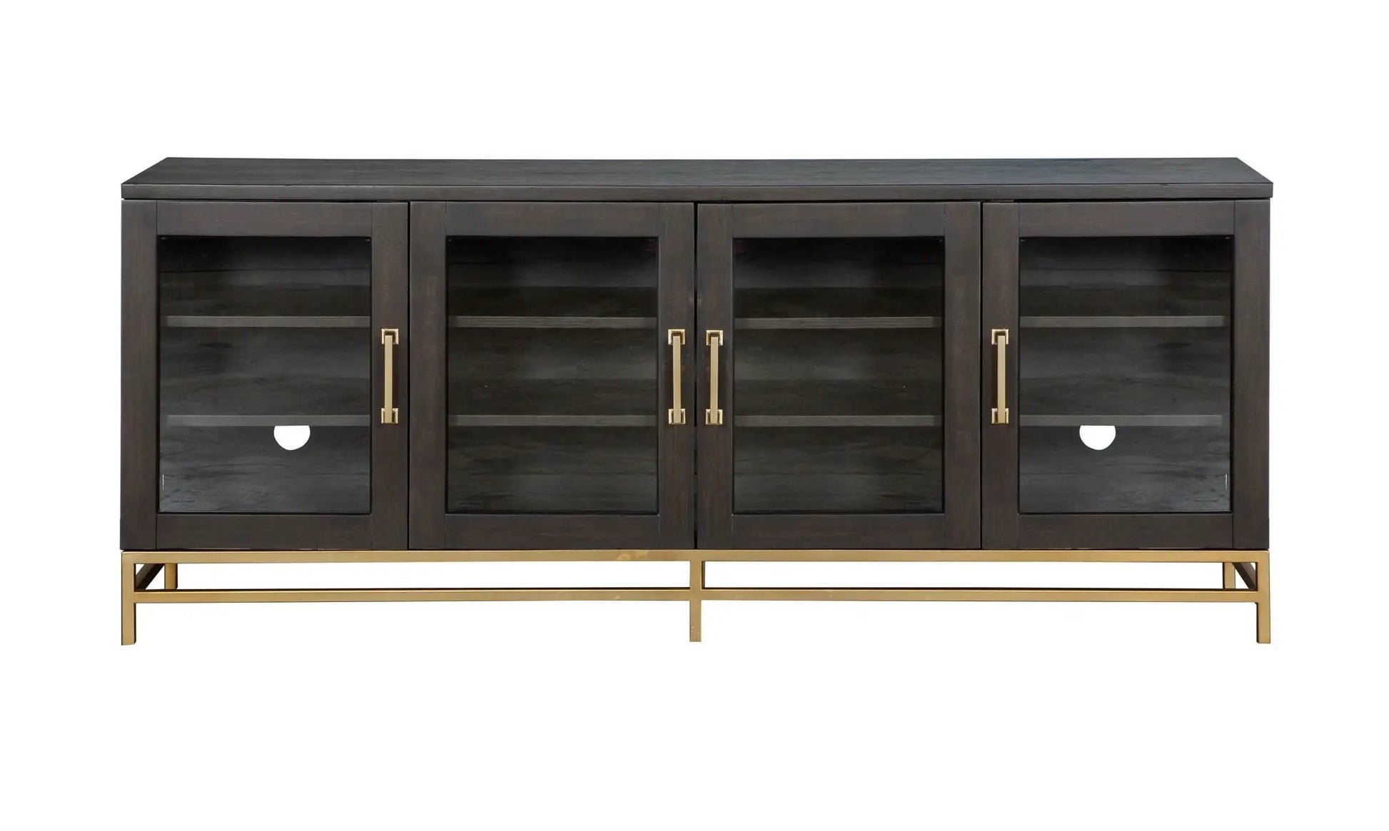 Lindon Console TV Stand by Unique Piece Furniture dark wood with glass doors brass handles on Tampa Home & Garden Store