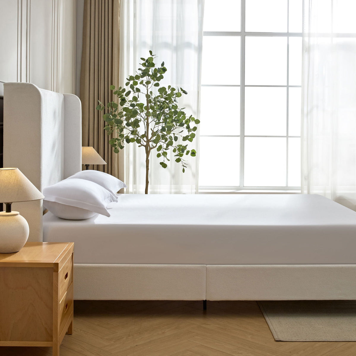 Harper tall headboard upholstered bed in beige fabric with clean lines on Tampa Home & Garden Store