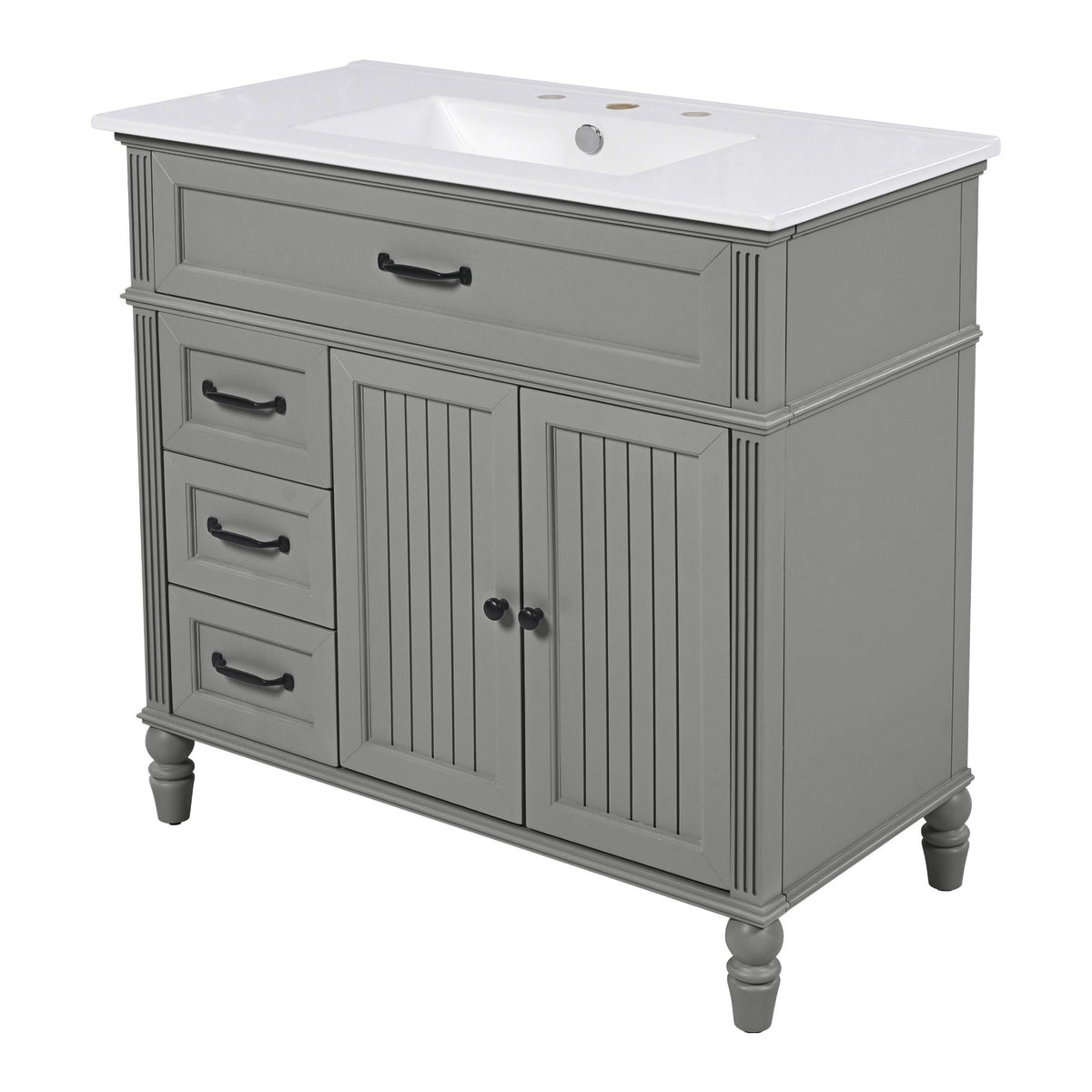 Bathroom vanity with sink and drawers in gray wood with white countertop and black hardware on Tampa Home & Garden Store