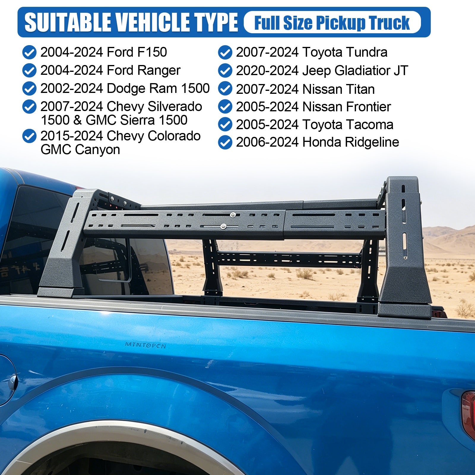 Overland Truck Bed Racks heavy-duty cargo solution on steel rails over blue pickup bed on Tampa Home & Garden Store